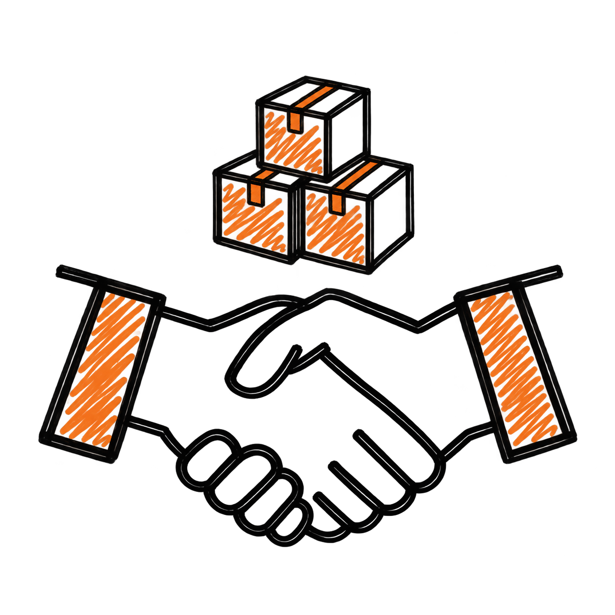 Three closed boxes stacked two below and one above, over a large handshake in black and orange.