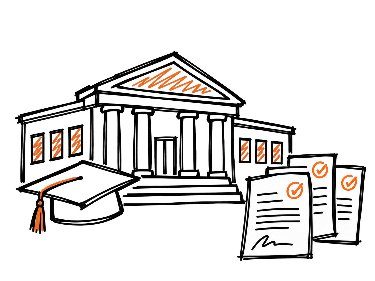 Hand-drawn university with columns, a graduation cap, and three documents