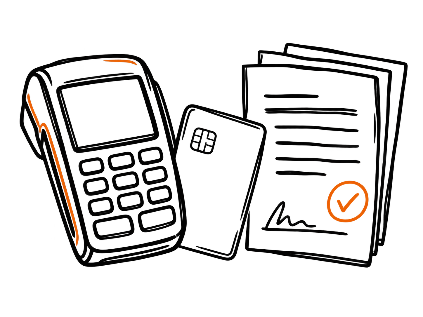 Hand-drawn payment terminal and card beside merchant agreement documents