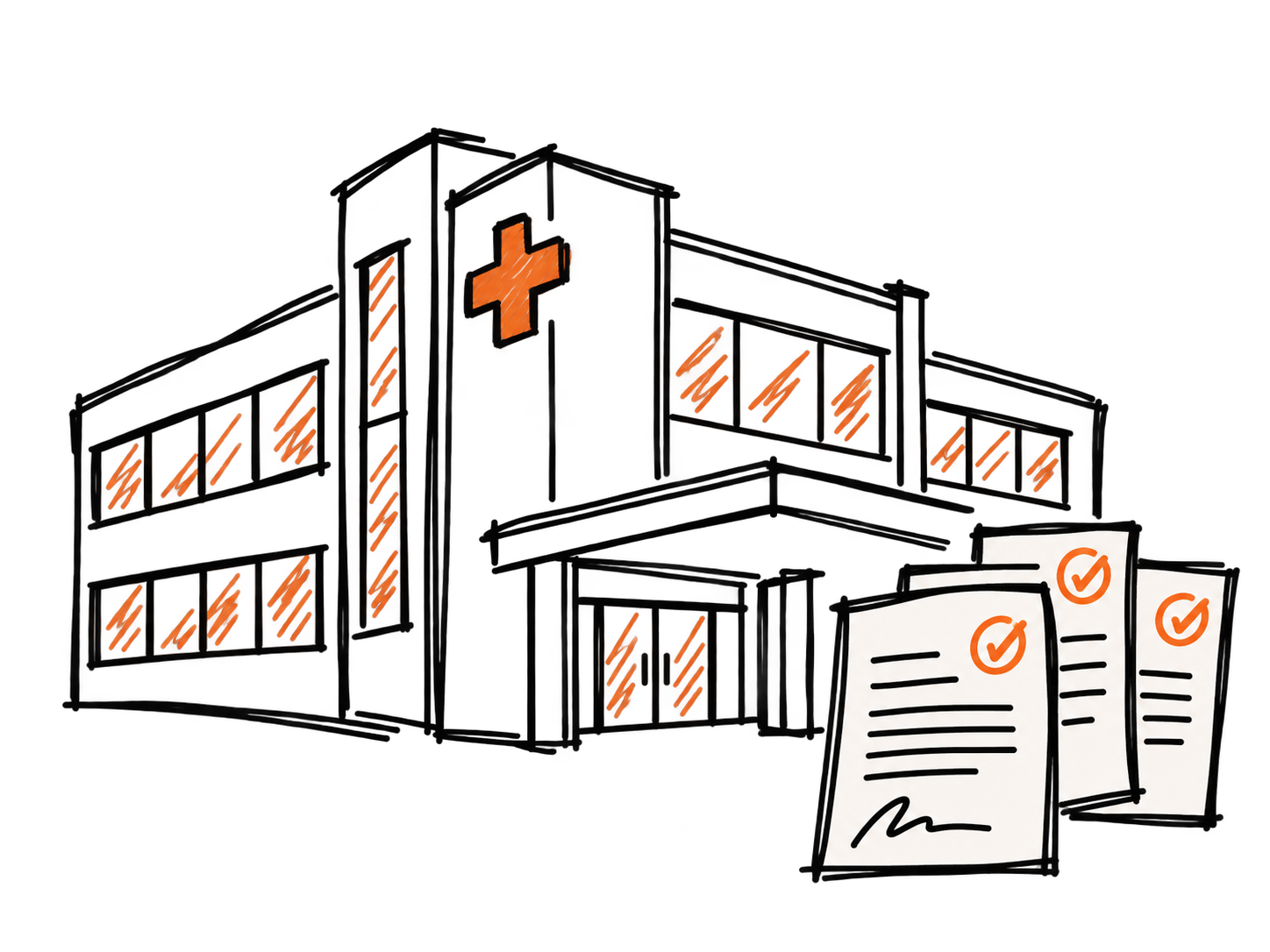 Hand-drawn hospital with an orange medical cross and healthcare documents on the right