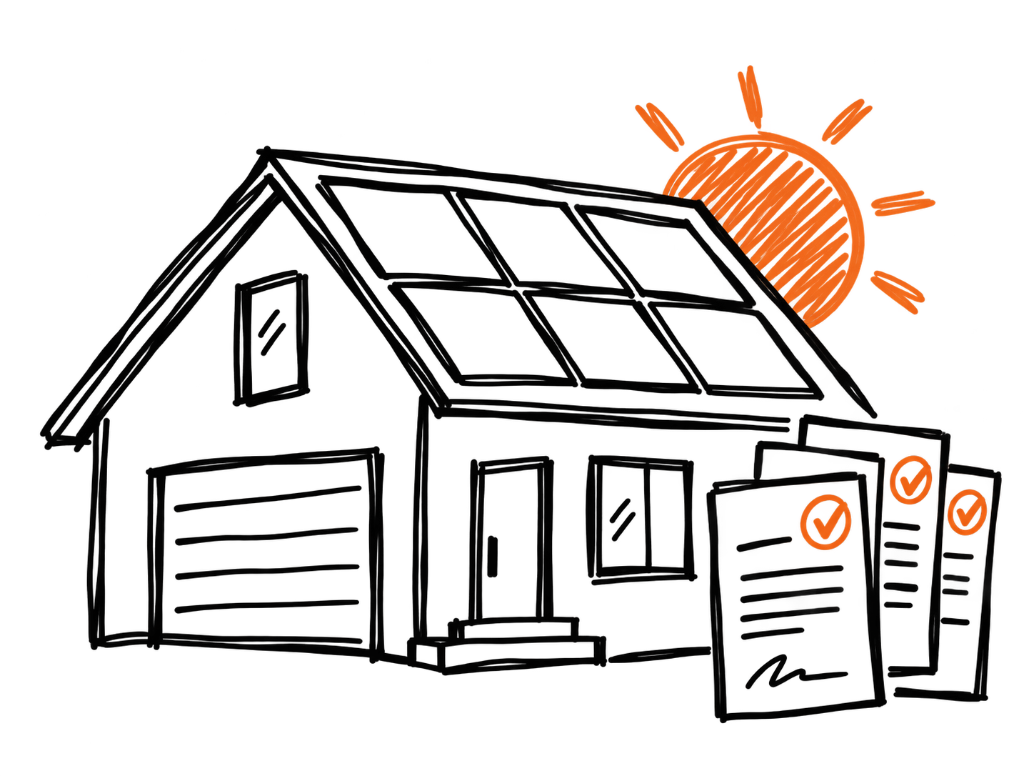 Hand-drawn solar home and sun beside a stack of documents to sign
