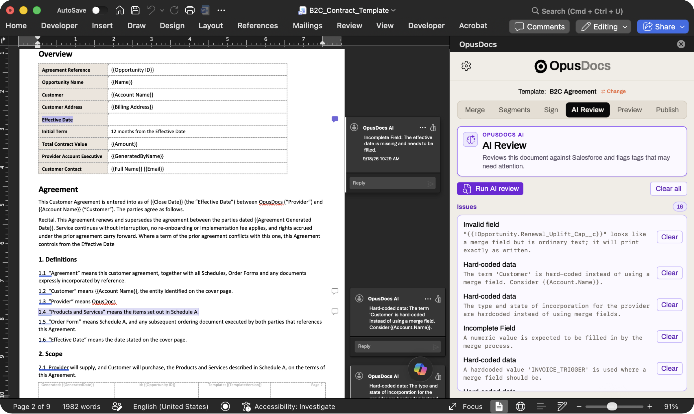 OpusDocs AI Review in Microsoft Word, with template issues listed in the add-in and comments beside the agreement.