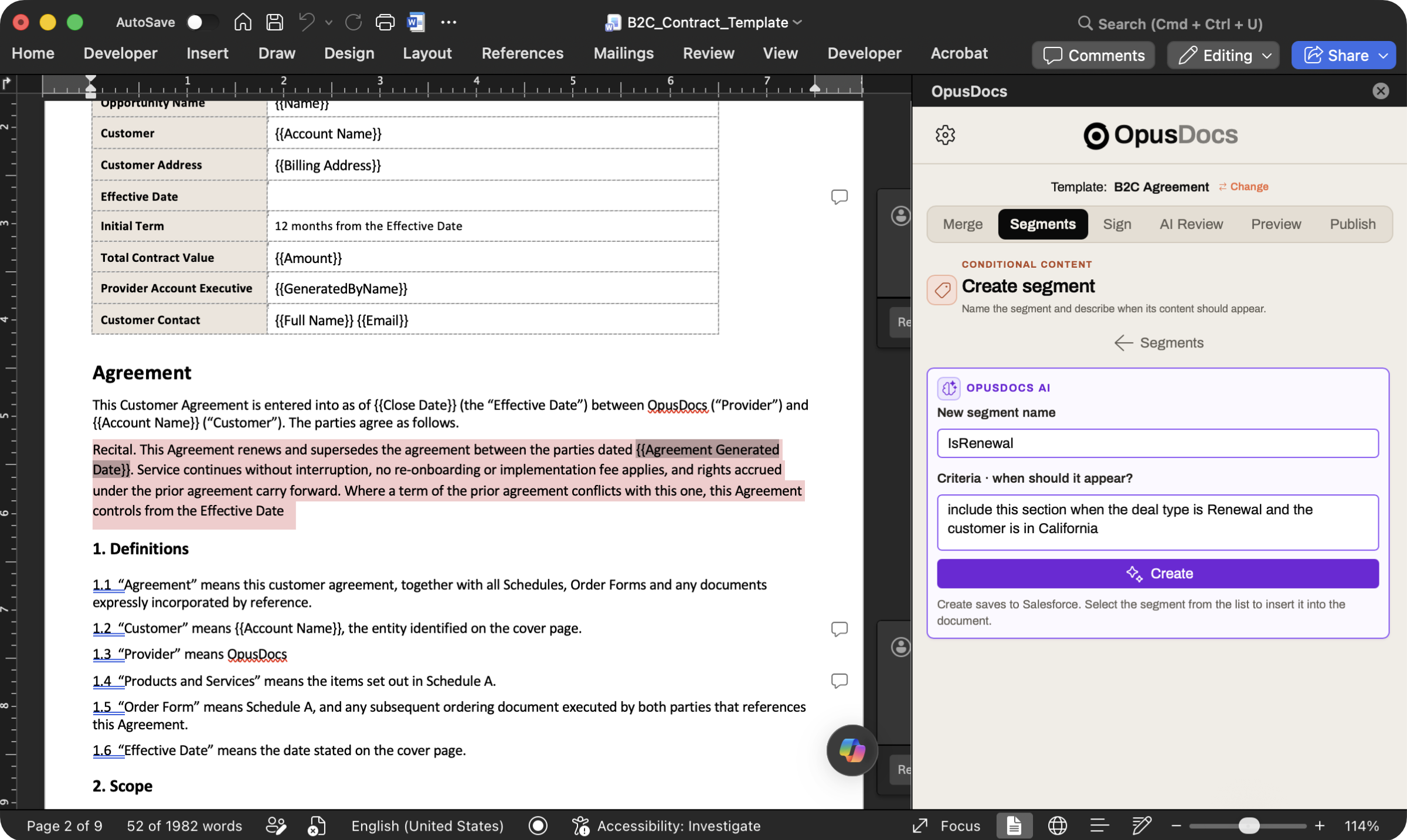 OpusDocs Segments tab in Word, showing a selected agreement clause and a condition for renewal deals in California.